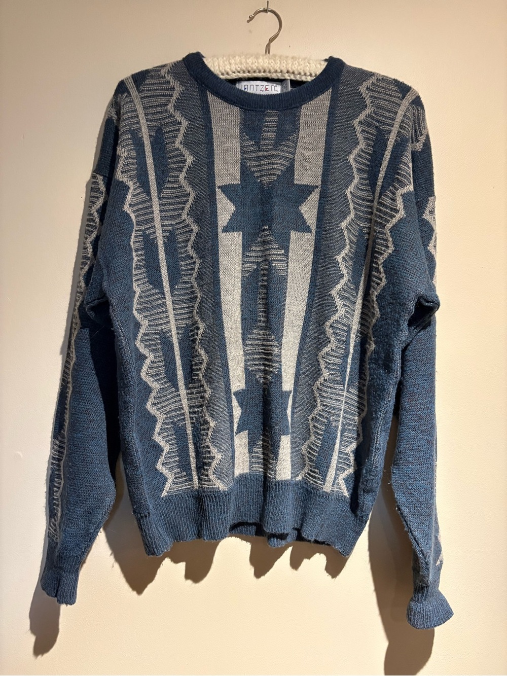 Vintage Jantzen Sweater Nordic Geometric Pattern Blue Grey Grandpa Core Size XL